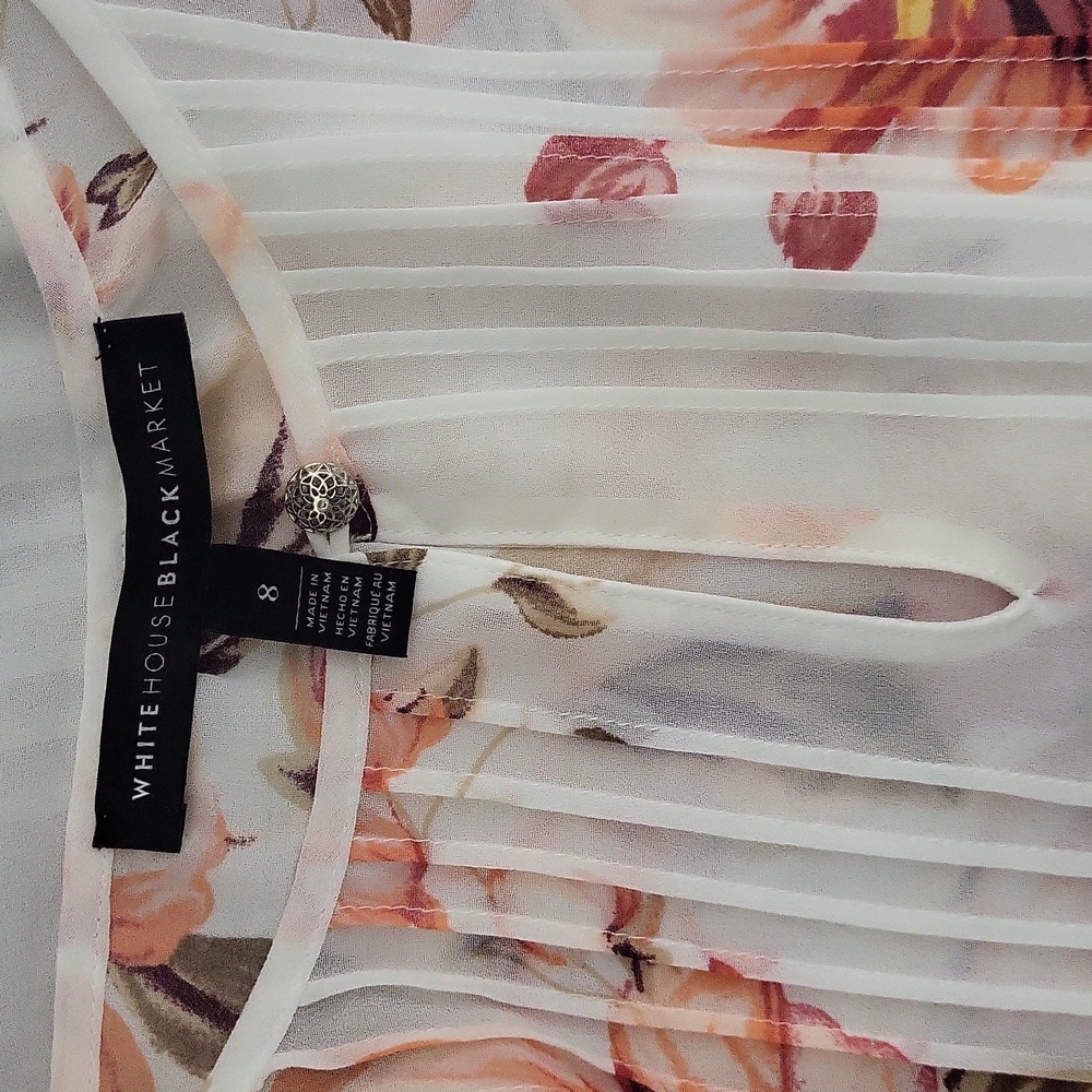 White House Black Market Women 8 Sheer Overlay Blouse Bell Sleeve Floral Keyhole - Picture 2 of 8